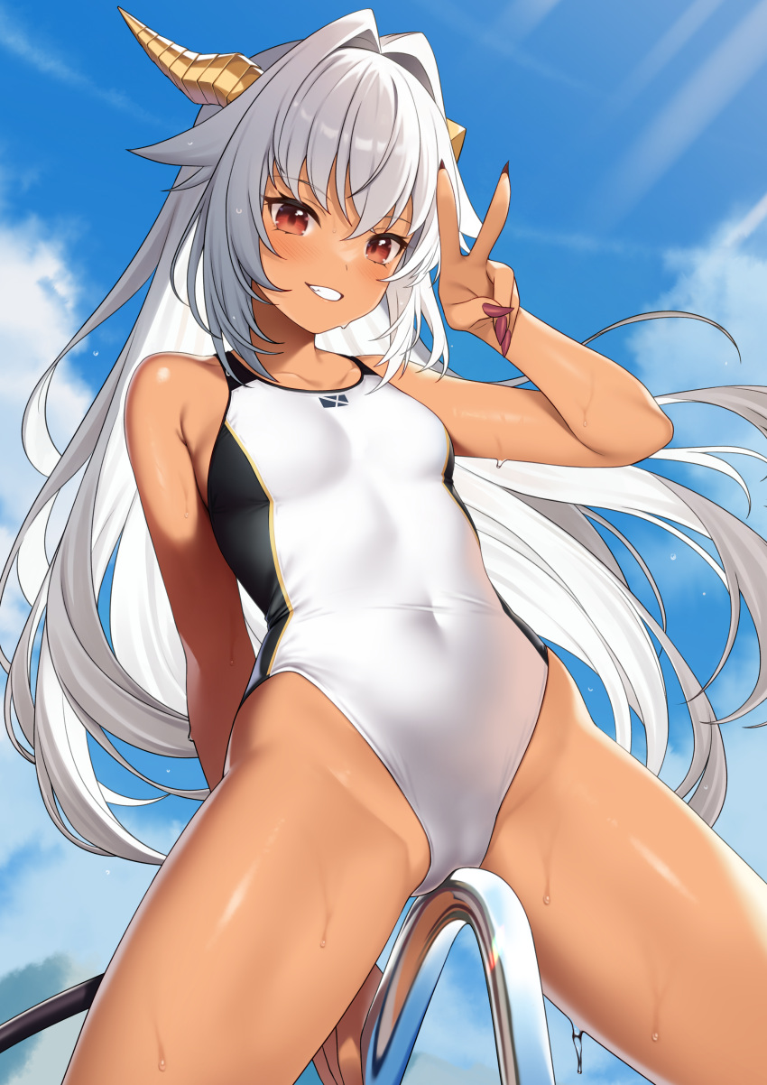 absurdres blue_sky breasts cloud collarbone commentary_request commission competition_swimsuit covered_navel dark-skinned_female dark_skin dragon_girl dragon_horns enjo_kouhai female fingernails grey_hair grin hair_between_eyes hair_intakes highres horns long_hair looking_at_viewer one-piece_swimsuit outdoors red_eyes red_nails sharp_fingernails skeb_commission sky small_breasts smile solo sweat swimsuit takunomi two-tone_one-piece_swimsuit ursula_(takunomi) v wet