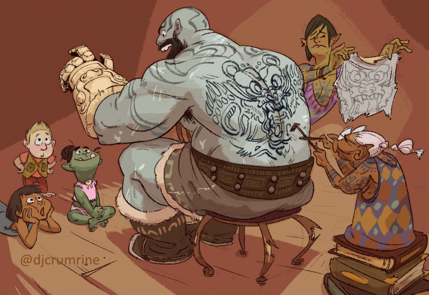 2boys 4girls armpit_hair armpit_hair_peek back back_tattoo bald bara beard blue_skin breaking character_request colored_skin critical_role dark-skinned_female dark_skin djcrumrine drawing dungeons_&_dragons facial_hair female_orc from_behind gauntlets grog_strongjaw happy head_tattoo lolicon looking_at_another mature_male moustache multiple_boys multiple_girls muscular muscular_male old old_woman on_chair orc pectorals shorts sitting size_difference smile talking tattoo the_legend_of_vox_machina thick_eyebrows topless_male triceps tusks