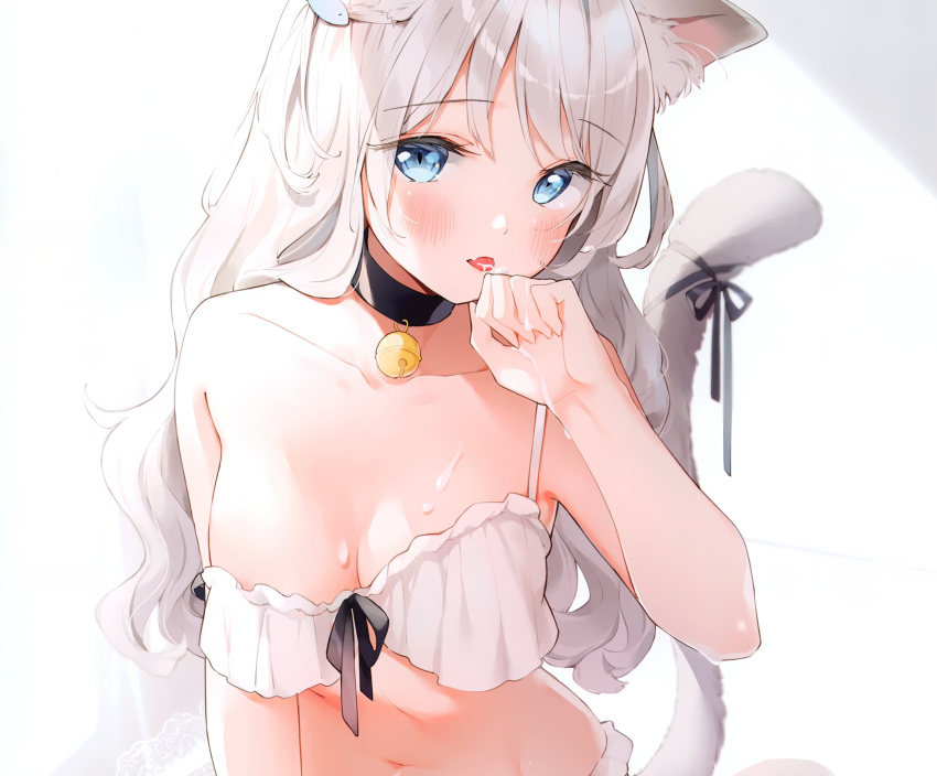 animal_ears aqua_eyes bell blush catgirl collar cropped gray_hair long_hair no_bra original shiratama_akane tail