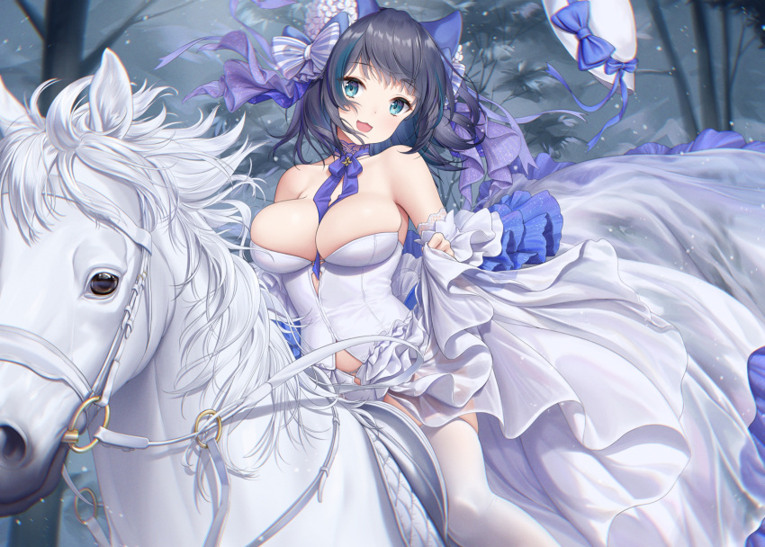 animal_ears azur_lane bare_shoulders between_breasts blue_eyes breasts bustier cheshire_(azur_lane) cheshire_(the_cat_and_the_white_steed)_(azur_lane) chromatic_aberration cleavage commentary detached_sleeves dress evening_gown fake_animal_ears female forest haneru highres horse horseback_riding large_breasts long_dress long_hair looking_at_viewer multicolored_hair nature official_alternate_costume outdoors purple_hair riding solo strapless strapless_dress streaked_hair thighhighs two-tone_hair unworn_headwear white_headwear white_horse white_thighhighs