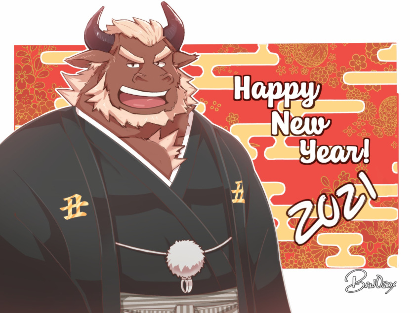 2021 anthro baw0sox bovid bovine brown_body brown_fur cattle chinese_new_year chinese_zodiac clothed clothing english_text fur hi_res holidays kemono male mammal musclegut muscular new_year solo text year_of_the_ox