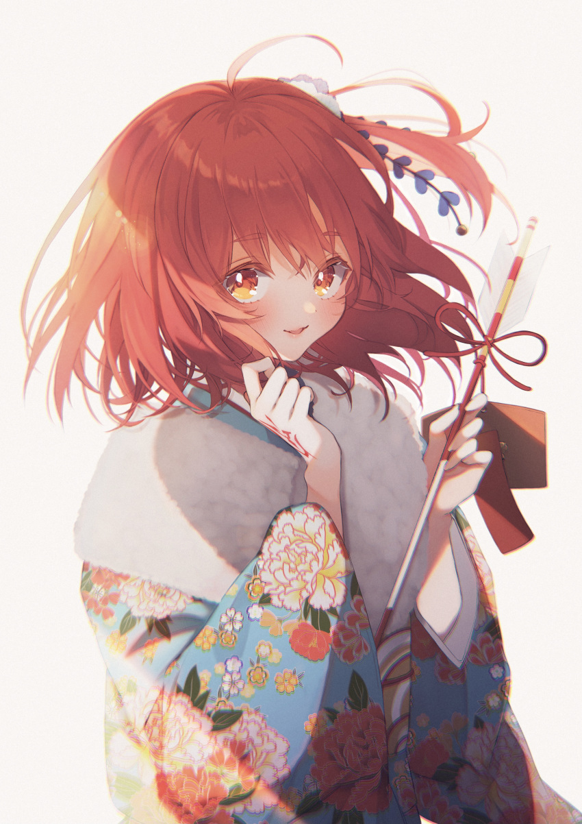 absurdres ahoge arrow_(projectile) blush brown_eyes brown_hair chromatic_aberration command_spell commentary_request fate/grand_order fate_(series) female floral_print fujimaru_ritsuka_(female) fujimaru_ritsuka_(female)_(ceremonial_new_year) fur_trim hamaya highres japanese_clothes kimono looking_at_viewer official_alternate_costume peony_print print_kimono short_hair side_ponytail smile solo suna_co upper_body white_background yukata