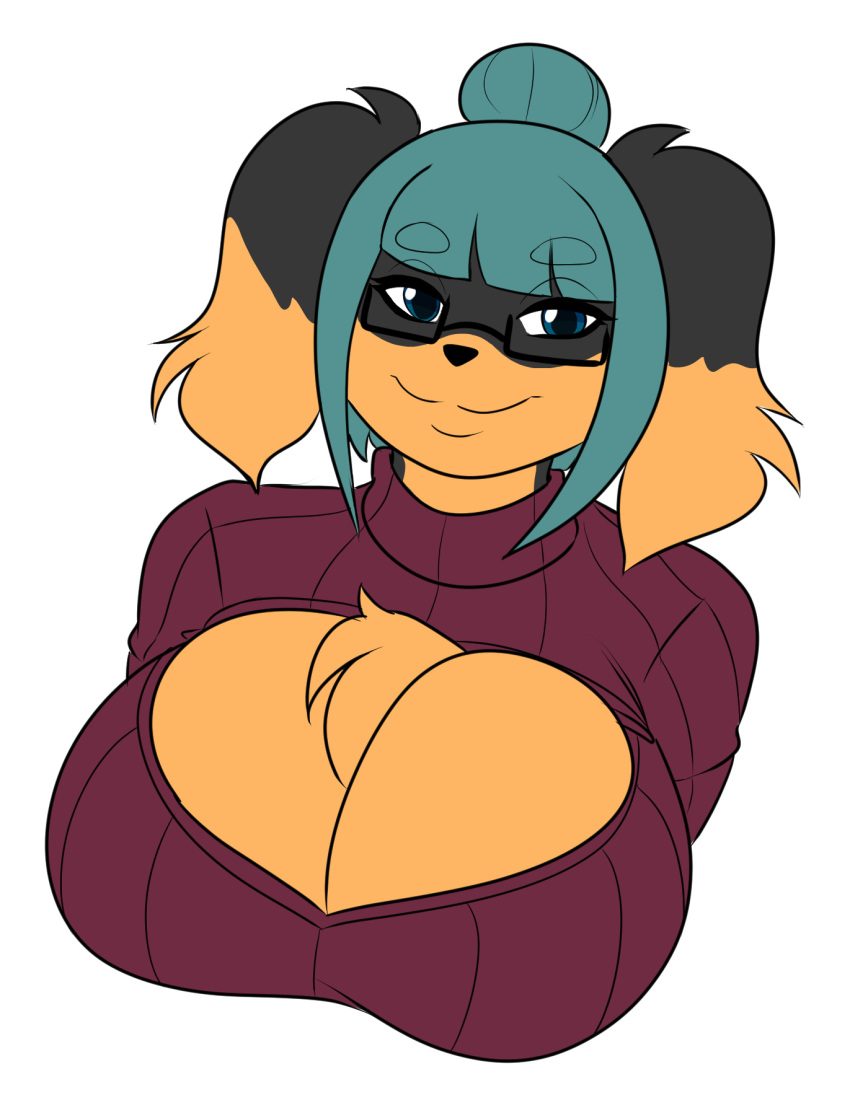 anthro breasts canid canine canis cleavage cleavage_cutout clothed clothing cutout domestic_dog eyewear female glasses hair hi_res jwinkz keyhole_turtleneck mammal smile solo sweater topwear turtleneck zoey_(jwinkz)