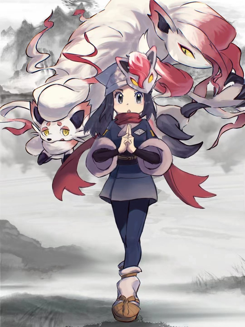 akari_(pokemon) arc_draws black_shirt blue_pants bright_pupils commentary_request evolutionary_line female floating_scarf galaxy_expedition_team_survey_corps_uniform grey_fur head_scarf highres hisuian_zoroark hisuian_zorua jacket loose_socks pants pokemon pokemon_(creature) pokemon_legends:_arceus red_scarf scarf shirt socks white_pupils