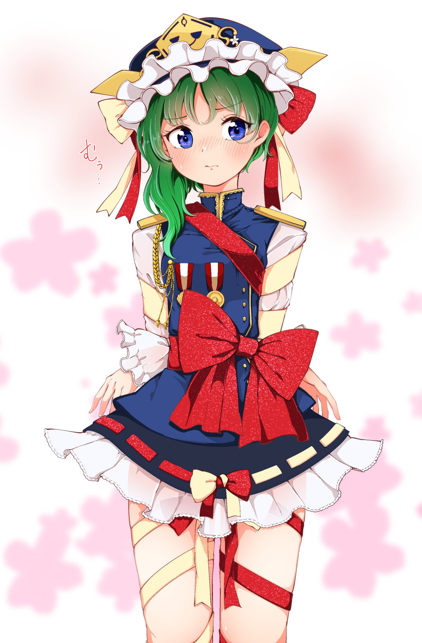 absurdres asymmetrical_hair blue_eyes bound bound_arms epaulettes female flat_chest floral_background green_hair hair_between_eyes hat highres kaisenpurin medal microskirt red_ribbon ribbon ribbon-trimmed_skirt ribbon_trim shiki_eiki short_hair skirt solo touhou white_ribbon white_sleeves