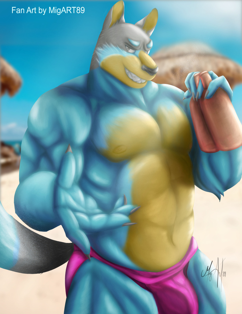 absurd_res anthro australian_cattle_dog bandit_heeler beach big_hand bluey_(series) canid canine canis cattledog clothing domestic_dog herding_dog hi_res male mammal migart89 muscular muscular_anthro muscular_male pastoral_dog seaside solo swimwear vacation