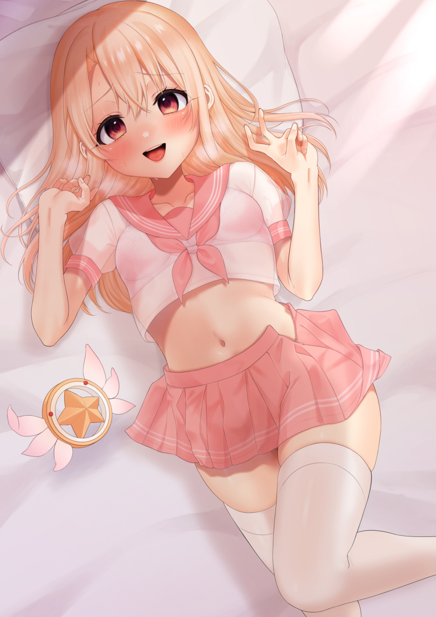 absurdres astolfo_(fate) astolfo_(fate)_(cosplay) astolfo_(sailor_paladin)_(fate) astolfo_(sailor_paladin)_(fate)_(cosplay) bad_id bad_pixiv_id bed_sheet blonde_hair blush bra breasts cosplay crop_top fate/grand_order fate/kaleid_liner_prisma_illya fate_(series) female hair_between_eyes highres illyasviel_von_einzbern long_hair looking_at_viewer lying magical_ruby midriff neckerchief official_alternate_costume on_back open_mouth pillow pink_bra pink_neckerchief pink_sailor_collar pink_skirt red_eyes sailor_collar school_uniform see-through serafuku shirt short_sleeves sidelocks skirt small_breasts smile solo takio_(kani_sama) thighhighs thighs underwear white_shirt white_thighhighs