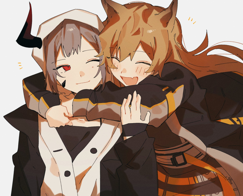 2girls animal_ears arknights arms_around_neck blush brown_hair ceobe_(arknights) closed_eyes closed_mouth dog_ears dog_girl fang_out happy highres horns hug jacket keeta long_hair material_growth multiple_girls oerba_yun_fang one_eye_closed open_mouth oripathy_lesion_(arknights) red_eyes short_hair single_horn skin_fang vulcan_(arknights)