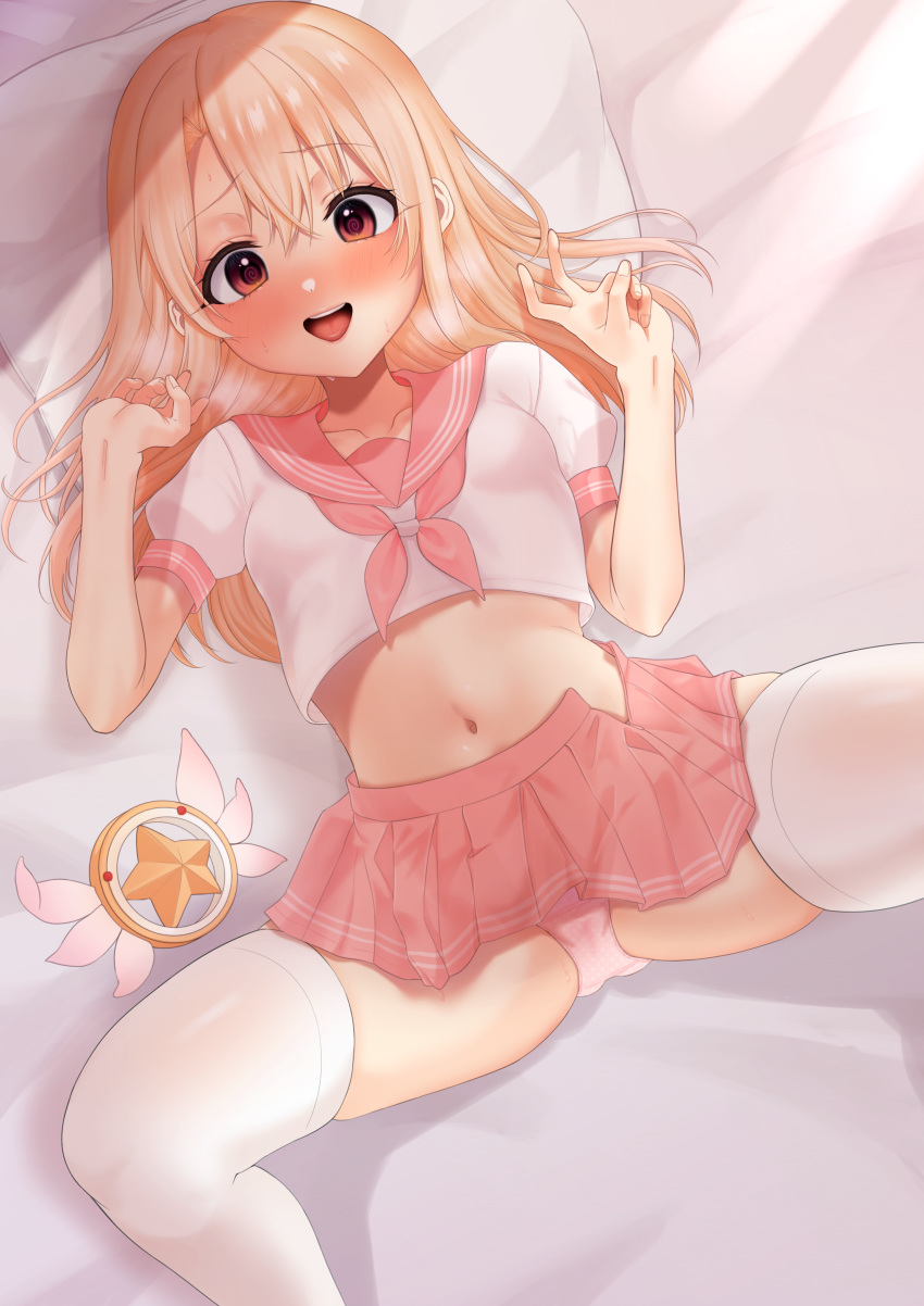 absurdres astolfo_(fate) astolfo_(fate)_(cosplay) astolfo_(sailor_paladin)_(fate) astolfo_(sailor_paladin)_(fate)_(cosplay) bad_id bad_pixiv_id bed_sheet blonde_hair blush breasts cosplay crop_top fate/grand_order fate/kaleid_liner_prisma_illya fate_(series) female hair_between_eyes highres illyasviel_von_einzbern long_hair looking_at_viewer lying magical_ruby midriff neckerchief official_alternate_costume on_back open_mouth panties pillow pink_neckerchief pink_panties pink_sailor_collar pink_skirt red_eyes sailor_collar school_uniform serafuku shirt short_sleeves sidelocks skirt small_breasts smile solo spread_legs takio_(kani_sama) thighhighs thighs underwear white_shirt white_thighhighs