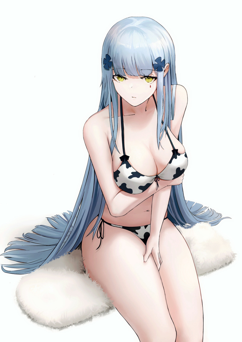 absurdres amamizu_shizuku animal_print bare_shoulders bikini blue_hair breast_hold breasts cleavage closed_mouth collarbone commentary_request cow_print female front-tie_bikini_top front-tie_top girls'_frontline green_eyes hand_on_own_thigh highres hk416_(girls'_frontline) long_hair looking_at_viewer md5_mismatch medium_breasts navel side-tie_bikini_bottom sitting solo swimsuit thighs white_background