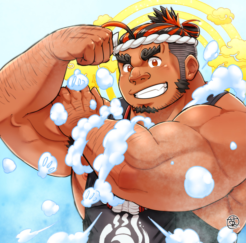 1boy ahoge bara black_hair blue_background bubble dark-skinned_male dark_skin ei_(marutendon) facial_hair fang_out foam goatee gradient_background hachimaki halo halo_behind_head headband highres looking_at_viewer male_focus mature_male multicolored_hair muscular muscular_male nipple_slip nipples oerba_yun_fang pectorals red_eyes red_hair sarutahiko_(housamo) short_hair sideburns sidepec smile solo thick_eyebrows tokyo_afterschool_summoners two-tone_hair we_can_do_it!