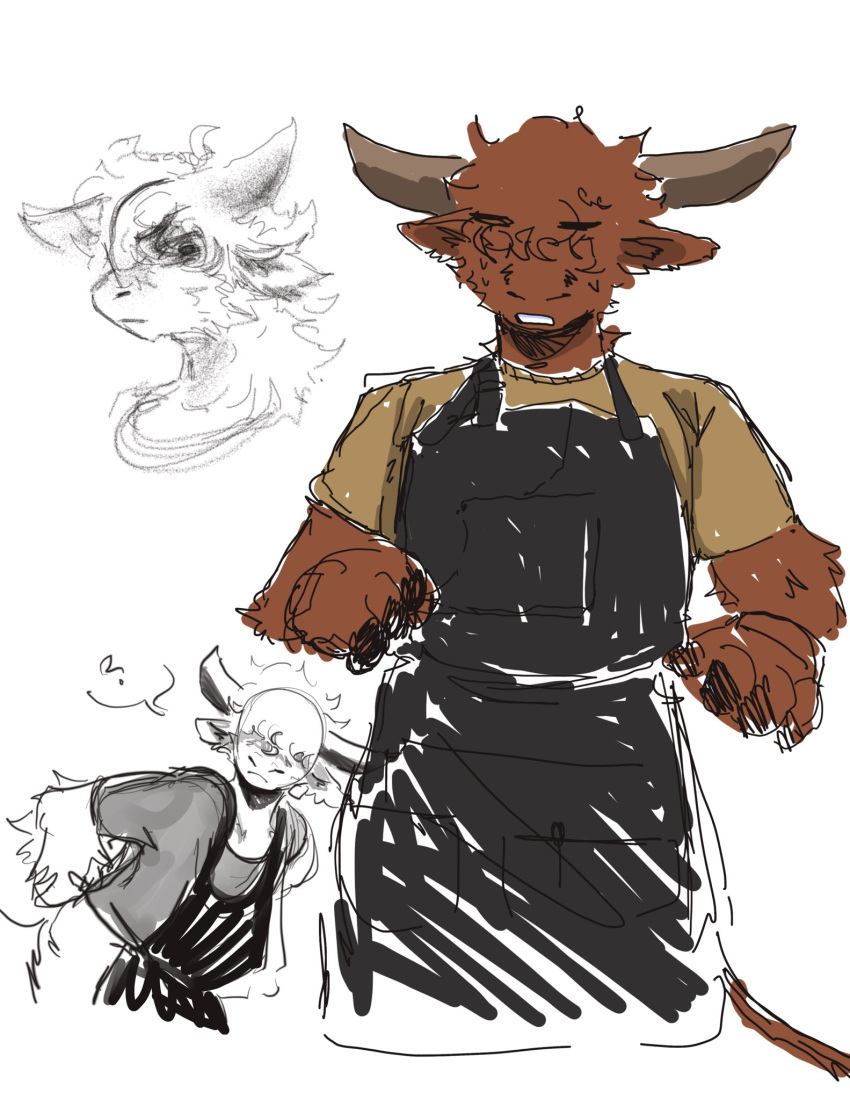 anthro apron bovid bovine brown_body brown_fur cattle clothing cloven_hooves covered_eyes fur hi_res highland_cattle hooves horn male mammal question_mark shirt simple_background sketch_page solo topwear velavelavo