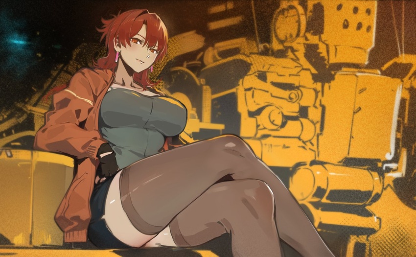 armored_core armored_core_6 black_gloves breasts cinder_carla collarbone commentary crossed_legs earrings female fingerless_gloves gloves jacket jewelry large_breasts las91214 long_sleeves looking_at_viewer mecha milk_tooth_(armored_core_6) miniskirt open_clothes open_jacket orange_jacket red_eyes red_hair robot short_hair sitting skirt solo tassel tassel_earrings thighhighs