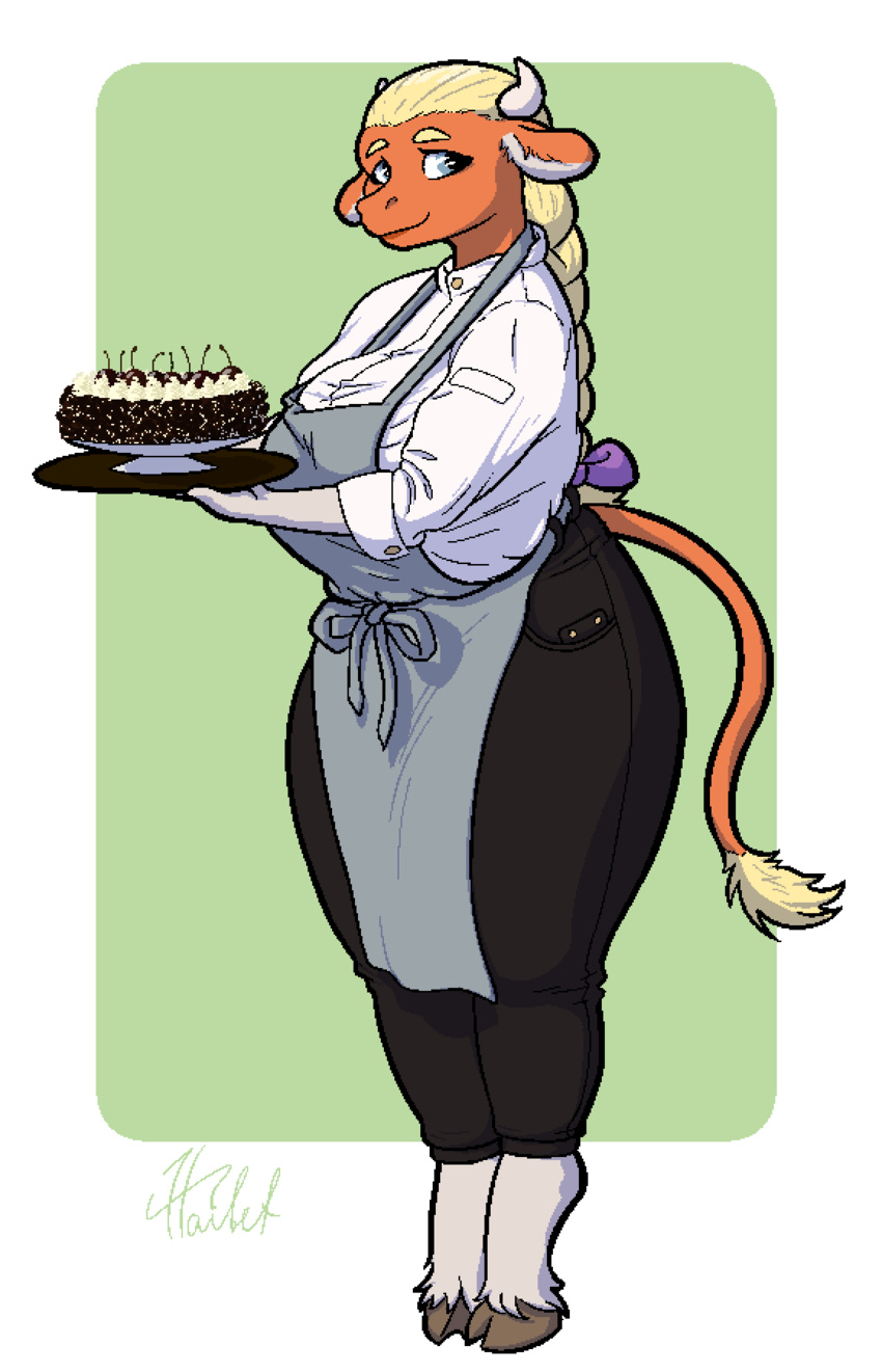 2022 anthro apron big_breasts black_bottomwear black_clothing black_pants blue_eyes bottomwear bovid bovine braided_hair breasts cake cattle clothed clothing curvy_figure dessert digital_media_(artwork) dress_shirt eyebrows eyelashes fan_character female food fully_clothed haibet hair hi_res horn huge_breasts long_hair looking_at_viewer maita_(character) mammal pants shirt simple_background smile solo standing thick_thighs topwear waitress_uniform wide_hips