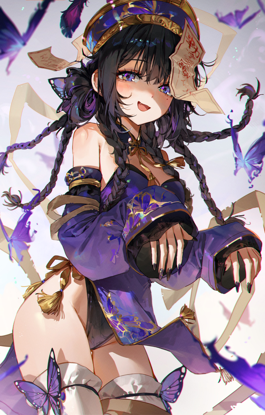 absurdres bare_shoulders black_hair blue_eyes blush braid breasts bug butterfly cowboy_shot detached_sleeves dress female fingernails gold_trim hair_ornament hat highleg highleg_leotard highres jiangshi jiangshi_costume leotard leotard_under_clothes long_fingernails long_hair long_sleeves looking_at_viewer mole mole_under_eye multiple_braids nail_polish oerba_yun_fang ofuda open_mouth original outstretched_arms pelvic_curtain purple_dress purple_eyes purple_hair qingdai_guanmao short_dress sleeveless sleeveless_dress smile solo thighhighs thighs white_thighhighs ye_jji zombie_pose