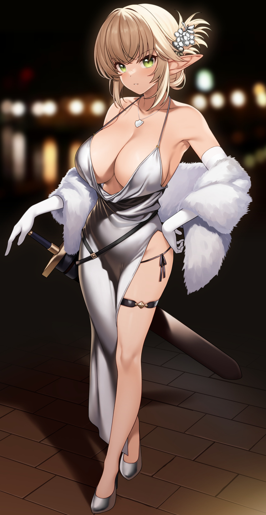 absurdres aegis_(takunomi) bare_legs bare_shoulders blonde_hair blurry blurry_background bokeh breasts cleavage collarbone commentary_request commission depth_of_field dress elbow_gloves elf enjo_kouhai feather_boa female full_body gloves green_eyes grey_dress grey_footwear hand_on_hilt hand_on_own_hip highres jewelry large_breasts long_pointy_ears looking_at_viewer necklace panties panty_straps parted_lips pendant pointy_ears serious shawl sheath sheathed shoes side-tie_panties skeb_commission solo standing sword takunomi thigh_strap underwear weapon white_gloves