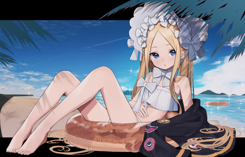 abigail_williams_(fate) abigail_williams_(swimsuit_foreigner)_(fate) abigail_williams_(swimsuit_foreigner)_(third_ascension)_(fate) bare_shoulders barefoot beach bikini black_jacket blonde_hair blue_eyes blue_sky blush bonnet bow breasts commentary fate/grand_order fate_(series) female forehead hairbow highres innertube jacket lazu0721 legs long_hair looking_at_viewer miniskirt outdoors palm_leaf parted_bangs sidelocks sitting skirt sky small_breasts solo swim_ring swimsuit toes twintails unworn_jacket very_long_hair white_bikini white_bow white_headwear