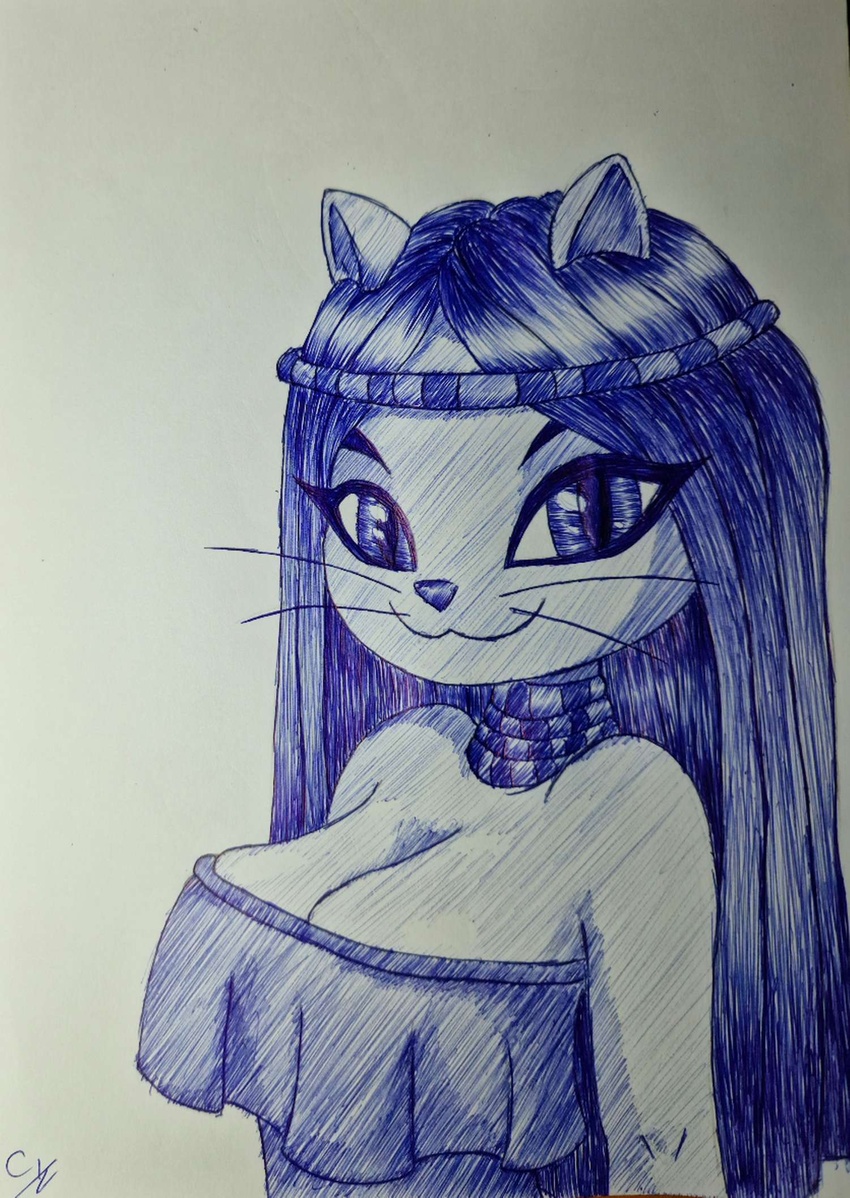 anthro ballpoint_pen big_breasts big_eyes breasts cat_city cicuska_(cat_city) clothed clothing enginseer_cyvius felid feline female hair hi_res long_hair mammal monochrome pen solo traditional_media_(artwork) whiskers