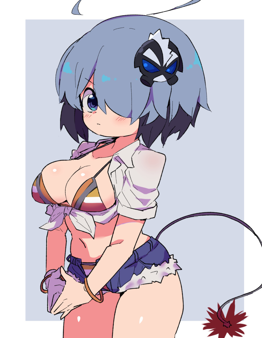 ahoge bikini bikini_under_clothes black_hair blue_shorts bombergirl bomberman bracelet breasts character_hair_ornament cleavage closed_mouth collarbone cowboy_shot cutoffs denim denim_shorts female fuse fuse_tail gloves gray_(bombergirl) grey_hair hair_ornament hair_over_one_eye highres huge_ahoge jewelry large_breasts legs_together lit_fuse looking_at_viewer max_(bomberman) multicolored_bikini multicolored_clothes multicolored_hair navel one_eye_covered open_fly purple_eyes sasaki_rindou shirt short_hair short_shorts short_sleeves shorts single_glove solo swimsuit tail thighs tied_shirt two-tone_hair v-shaped_eyebrows v_arms white_gloves white_shirt