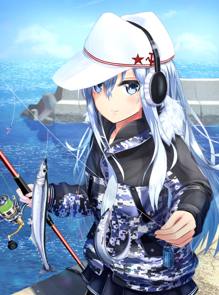 blue_jacket blue_sky camouflage camouflage_jacket cloud day earmuffs female fish fishing fishing_hook fishing_line fishing_rod flat_cap fusou_(fuso0205) grey_hair hammer_and_sickle hat hibiki_(kancolle) highres holding holding_fishing_rod jacket kantai_collection long_hair long_sleeves ocean official_alternate_costume outdoors pier saury sky smile solo star_(symbol) verniy_(kancolle) verniy_(saury_festival)_(kancolle) white_hat