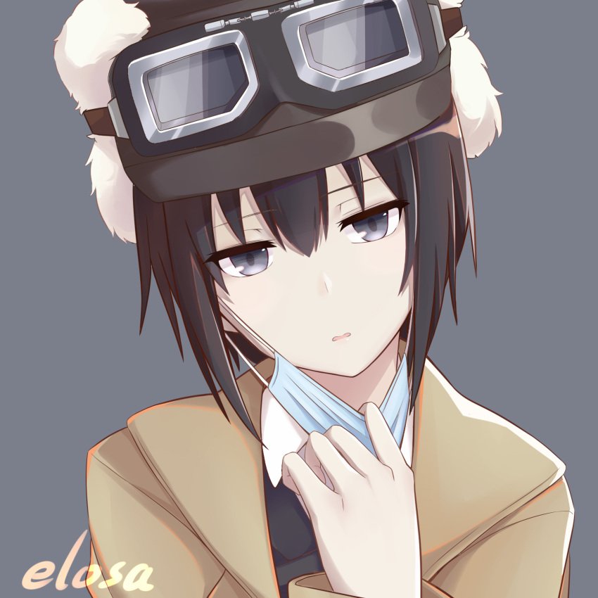 androgynous artist_name black_eyes black_hair black_jacket brown_coat chinese_commentary close-up coat commentary_request coronavirus_pandemic dress_shirt elosa female fur_hat goggles goggles_on_headwear hair_between_eyes hand_on_own_chest hat head_tilt highres jacket kino_(kino_no_tabi) kino_no_tabi looking_at_viewer lowered_eyelids mask mask_pull mixed-language_commentary mouth_mask parted_lips portrait shirt short_hair solo surgical_mask tomboy ushanka white_shirt