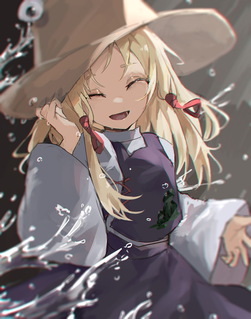 absurdres animal_print blonde_hair brown_hat closed_eyes female frog_print gloves hair_ribbon hat highres kani_nyan long_hair long_sleeves moriya_suwako open_mouth purple_skirt purple_vest red_ribbon ribbon skirt skirt_set smile solo touhou vest water white_gloves wide_sleeves