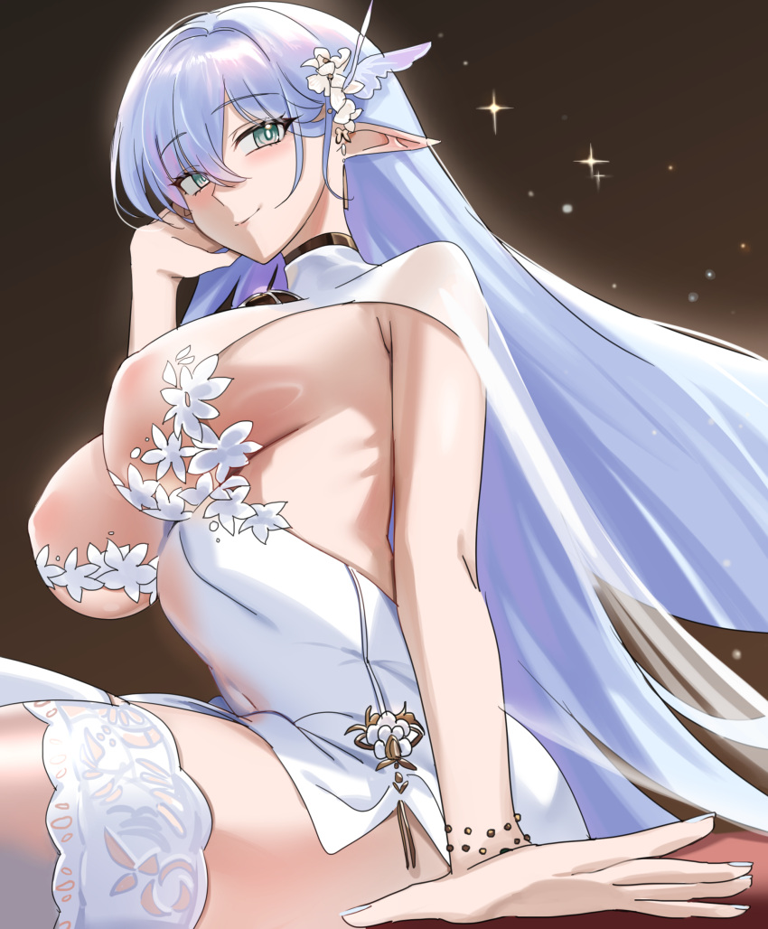 absurdres albion_(azur_lane) albion_(scent_of_spring_in_the_red_pavilion)_(azur_lane) azur_lane backless_dress backless_outfit breasts butterfly_hair_ornament covered_navel covered_nipples dress female hair_ornament hand_up highres lace-trimmed_thighhighs long_hair long_pointy_ears official_alternate_costume pointy_ears revealing_clothes saki_(remainaddd) see-through see-through_dress sideboob sitting sleeveless sleeveless_dress solo thighhighs white_dress white_hair white_thighhighs