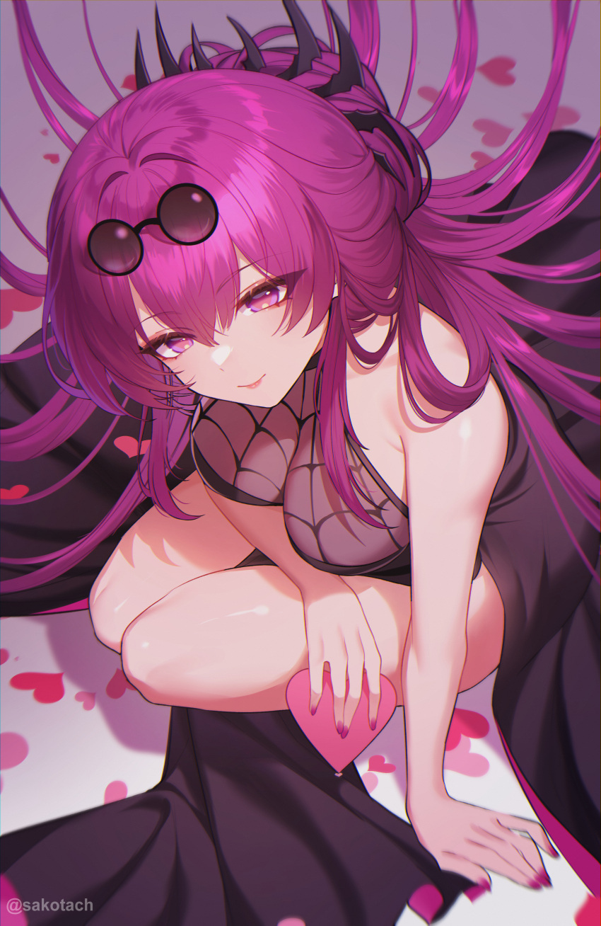 absurdres bare_shoulders breasts cleavage dress eyewear_on_head female from_above heart highres honkai:_star_rail honkai_(series) kafka_(honkai:_star_rail) large_breasts long_hair looking_at_viewer looking_up purple_eyes purple_hair sakotach sleeveless sleeveless_dress smile solo sunglasses valentine web_print