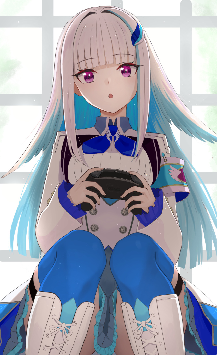 aqua_hair blue_thighhighs blunt_bangs boots colored_inner_hair commentary_request controller female game_controller grey_hair highres holding holding_controller holding_game_controller indoors knees_together_feet_apart lize_helesta long_hair long_sleeves looking_at_viewer multicolored_hair nijisanji open_mouth purple_eyes shirt sitting solo thigh_strap thighhighs tonton_utaro virtual_youtuber white_shirt