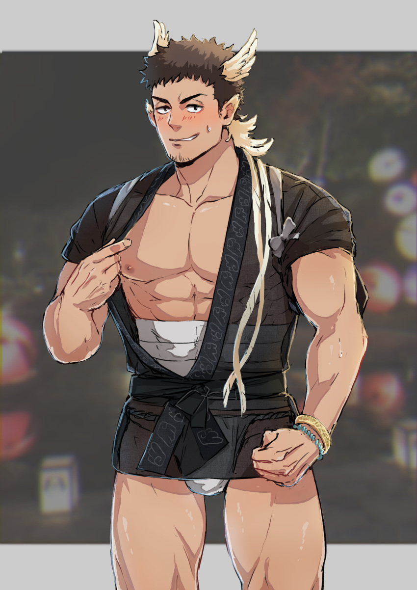 1boy abs animal_ears bara bare_pectorals bird_ears blush brown_hair bulge_peek cowboy_shot dark-skinned_male dark_skin f69g facial_hair fundoshi goatee_stubble happi head_wings hermes_(housamo) highres japanese_clothes looking_at_viewer male_focus midriff_sarashi nipples pectorals presenting_pectorals sarashi seductive_smile short_hair sideburns_stubble smile smirk solo standing stubble summer_festival sweat textless_version thick_eyebrows thighs tokyo_afterschool_summoners wings