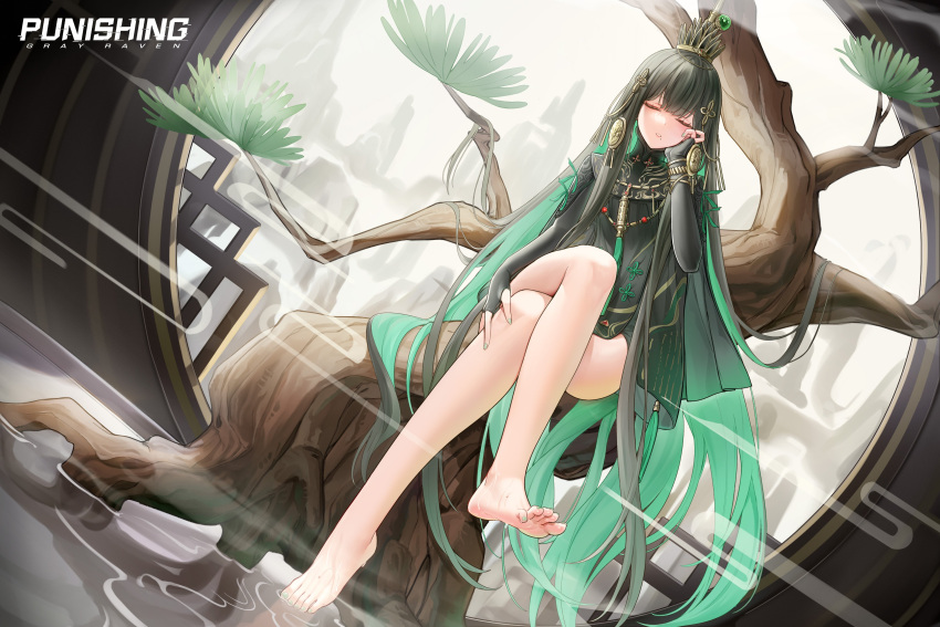 absurdres bare_legs barefoot black_hair closed_eyes copyright_name crown dorsiflexion feet female full_body green_nails grey_hair hair_ornament highres in_tree legs logo long_hair mole mole_under_mouth multicolored_hair nail_polish official_art punishing:_gray_raven qu_(punishing:_gray_raven) second-party_source sitting sitting_in_tree soaking_feet solo tassel toes tree two-tone_hair very_long_hair water window