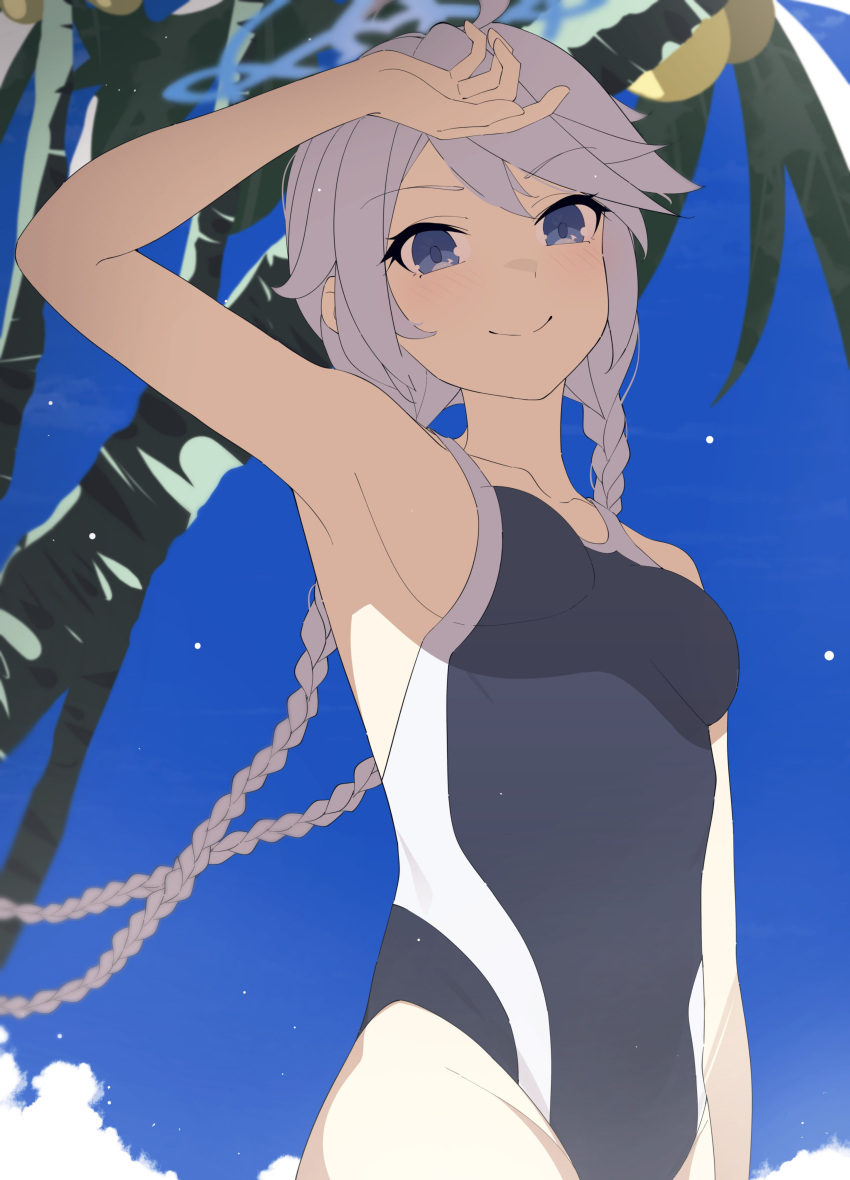 absurdres alternate_costume blue_archive blue_eyes braid breasts deroops female grey_hair highres kirino_(blue_archive) looking_at_viewer low_twin_braids low_twintails medium_breasts one-piece_swimsuit solo swimsuit trinity_general_school_swimsuit twin_braids twintails