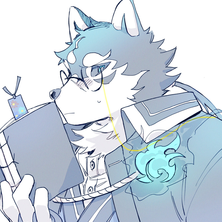 1:1 anthro black_sclera blush book bookmark canid canine canis domestic_dog embarrassed eyewear fur glasses hagio_graphy hi_res lifewonders male mammal masanori_(tas) multicolored_body multicolored_fur solo tokyo_afterschool_summoners