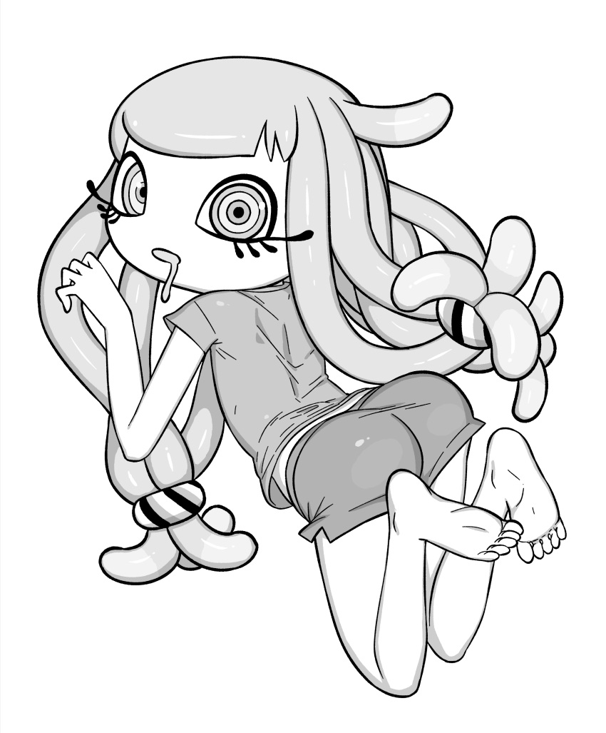 absurdres ass barefoot drooling eyelashes feet female from_behind hair_ornament hair_scrunchie harmony_(splatoon) highres looking_at_viewer looking_back monochrome o_den open_mouth ringed_eyes scrunchie shirt short_shorts short_sleeves shorts simple_background soles solo splatoon_(series) splatoon_3 tentacle_hair toes white_background