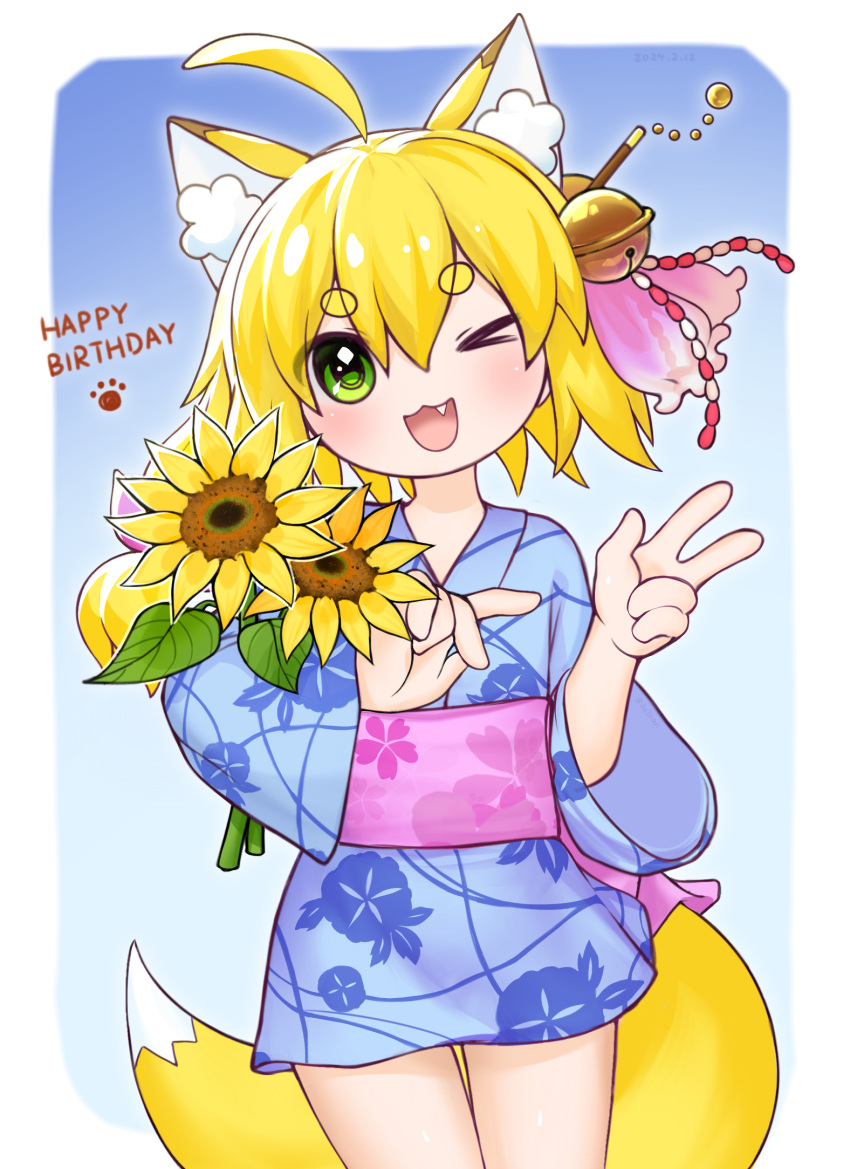 >_o :3 ahoge animal_ear_fluff animal_ears bell blonde_hair blue_kimono bouquet character_request chinese_commentary commentary_request copyright_request cowboy_shot english_text euthan female flat_chest floral_print floral_print_kimono floral_print_sash flower fox_ears fox_girl fox_tail green_eyes hair_bell hair_ornament happy_birthday highres hikimayu holding holding_bouquet japanese_clothes kimono no_nose obi oerba_yun_fang one_eye_closed open_mouth pink_sash sash short_hair short_kimono solo sunflower tail wide_sleeves