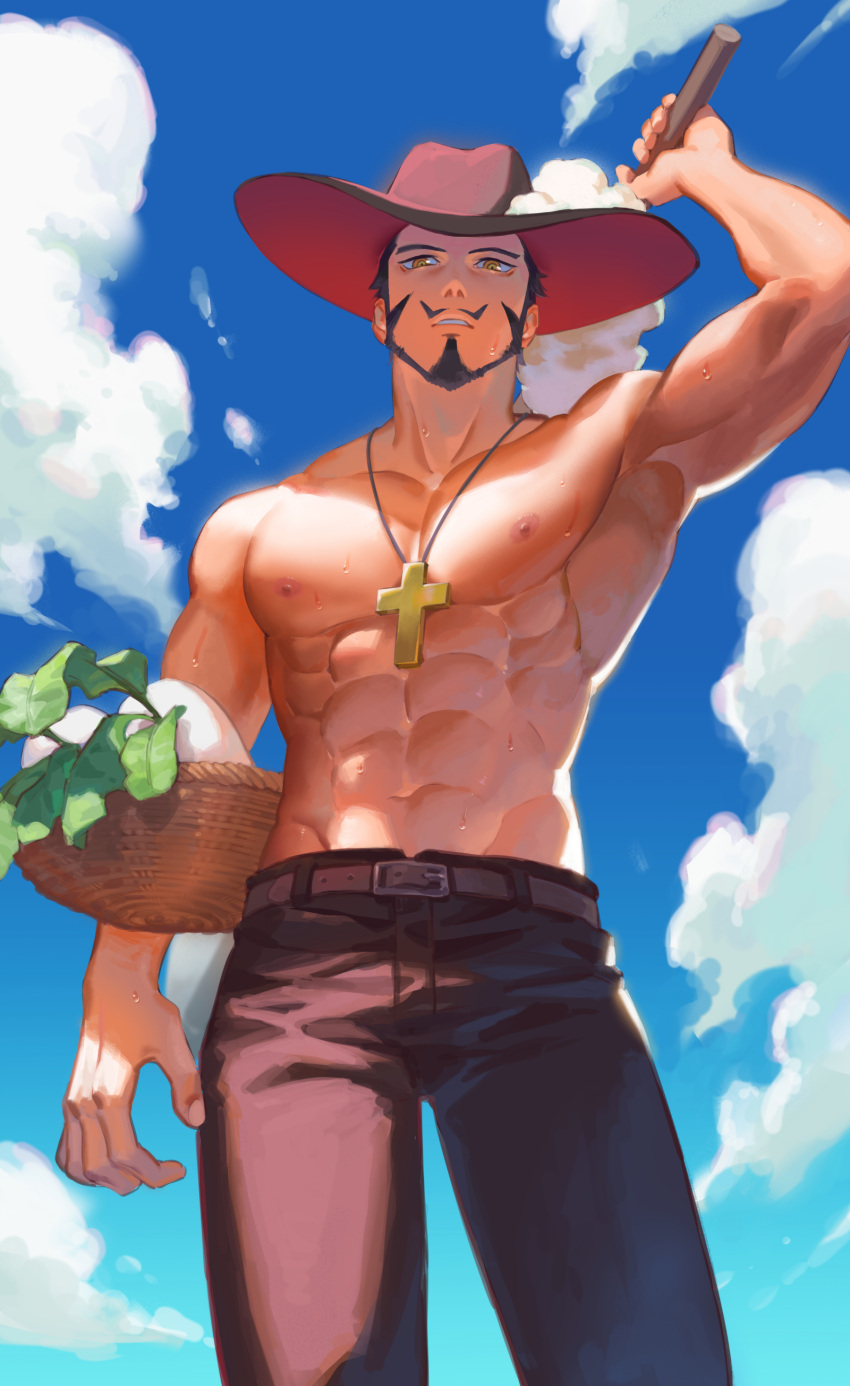 1boy abs absurdres arm_up bara basket black_hair black_pants che_(cyan_crown) cross cross_necklace daikon dracule_mihawk facial_hair food from_below hat highres holding holding_food holding_vegetable jewelry looking_at_viewer male_focus muscular muscular_male necklace one_piece outdoors pants radish sky solo sweat topless_male vegetable yellow_eyes