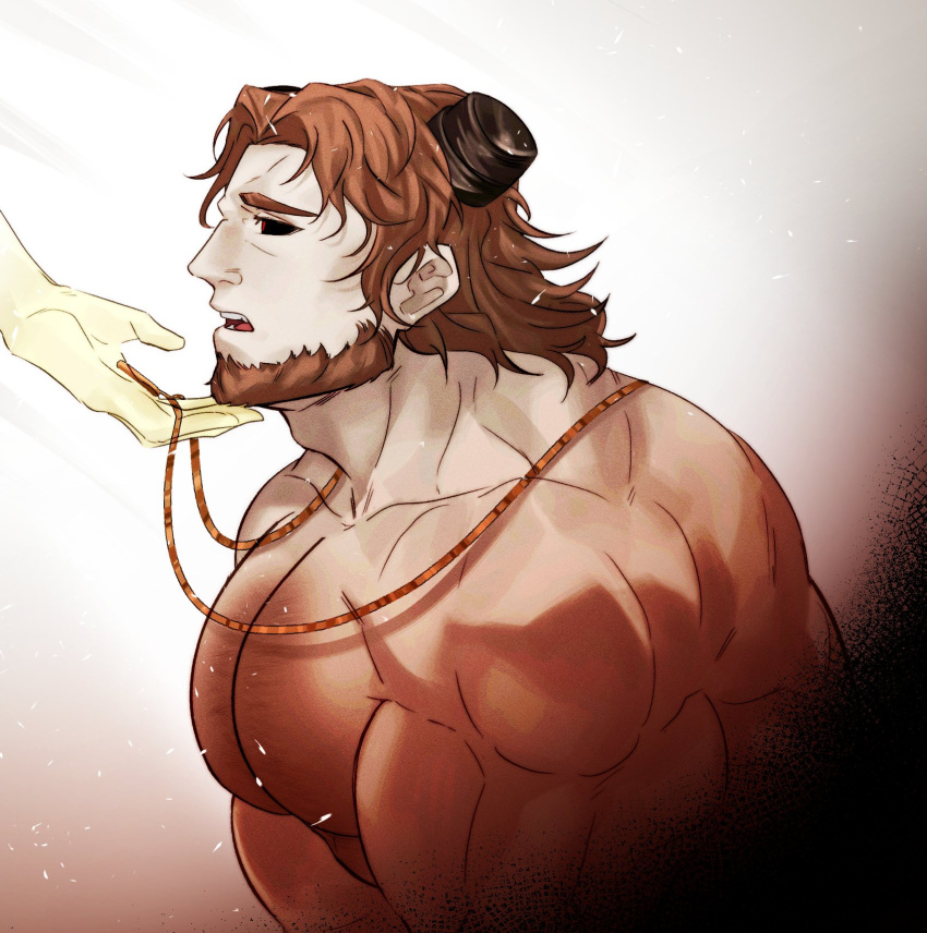 1boy 1other bara beard black_sclera broken_horn brown_hair colored_sclera eric_bloodaxe_(fate) facial_hair fate/grand_order fate_(series) from_side full_beard hand_on_another's_chin highres horns jewelry large_pectorals loboke long_hair looking_ahead male_focus mature_male monster_boy muscular muscular_male necklace nipples pectorals profile purification red_eyes solo_focus thick_beard thick_chest_hair thick_eyebrows upper_body v_arms