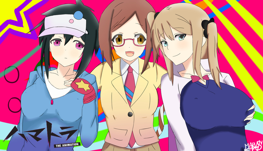 3girls black_hair blonde_hair blue_eyes brown_hair glasses hajime_(hamatora) hamatora hat highres honey_(hamatora) koneko_(hamatora) marvs multiple_girls purple_eyes tail yellow_eyes