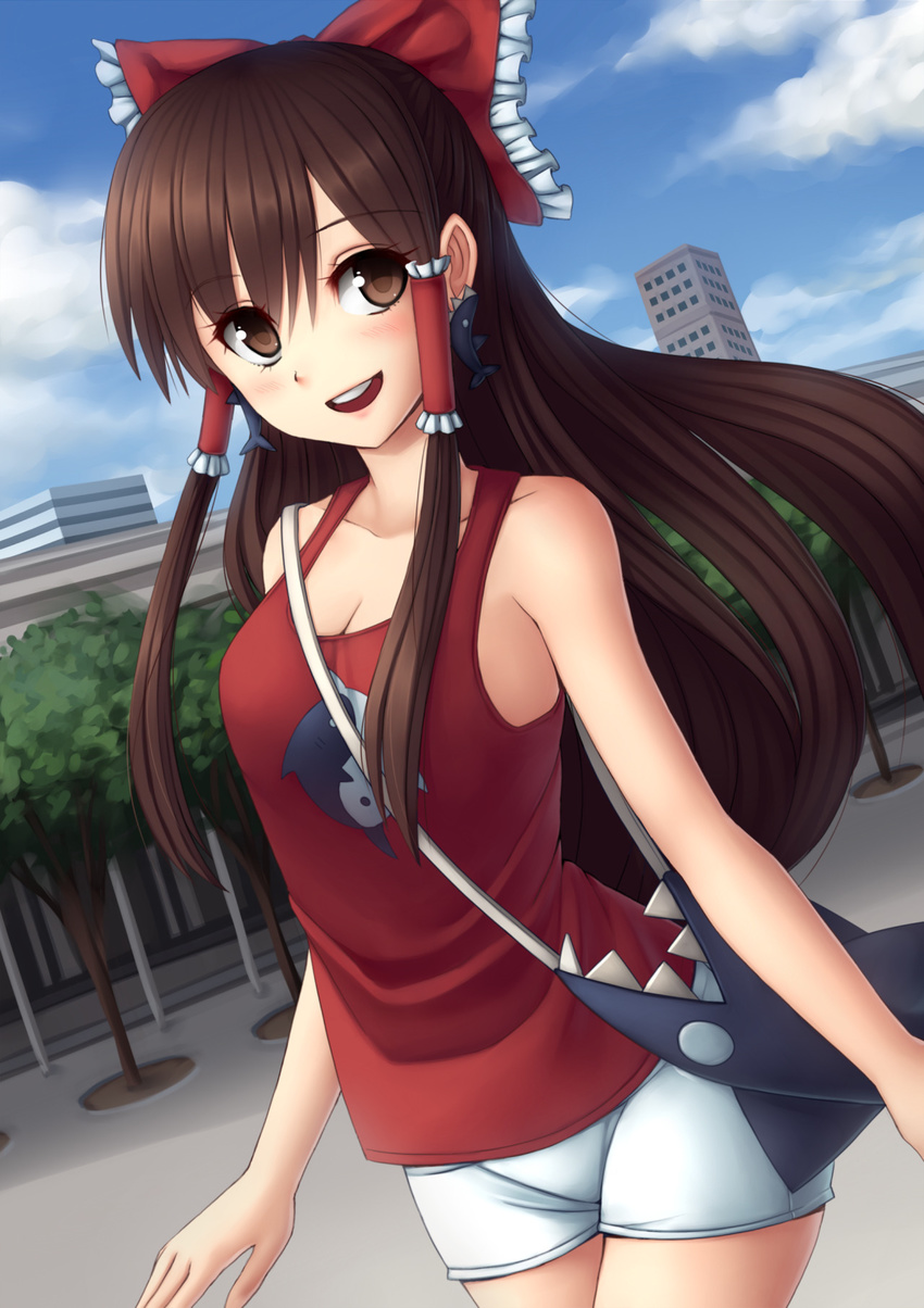 alternate_costume bag bare_arms bare_shoulders blush bow breasts brown_eyes brown_hair casual cleavage colored contemporary earrings hair_ornament hair_ribbon hair_tubes hairbow hakurei_reimu highres jewelry long_hair looking_at_viewer monorus open_mouth ribbon shark short_shorts shorts sleeveless smile solo standing sunimu tank_top touhou yin_yang