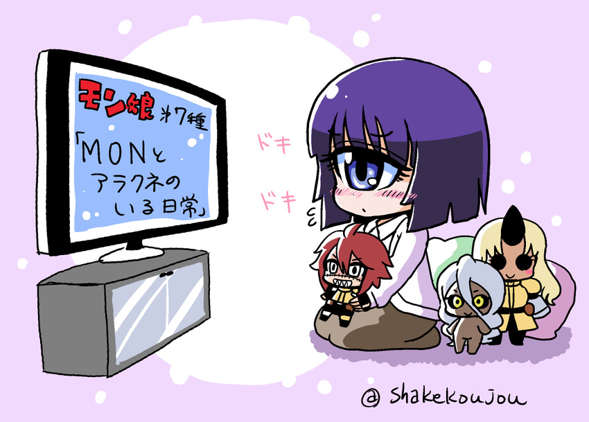 ahoge black_sclera blonde_hair blue_eyes blush_stickers character_doll colored_sclera commentary_request cyclops doppel_(monster_musume) doppelganger female horns long_hair manako monster_musume_no_iru_nichijou one-eyed oni purple_eyes red_hair seiza shake-o sharp_teeth single_horn sitting smile solo_focus stitches teeth television tionishia translation_request twitter_username white_hair yellow_eyes zombie zombina_(monster_musume)