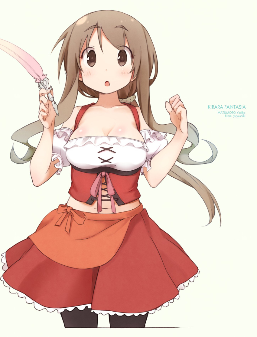 bad_id bad_twitter_id black_pantyhose blush breasts brown_eyes brown_hair character_name cleavage collarbone copyright_name dirndl female german_clothes highres kirara_fantasia large_breasts long_hair looking_at_viewer matsumoto_yoriko midriff midriff_peek navel okayparium open_mouth pantyhose red_skirt shiny_skin skirt solo underbust yuyushiki