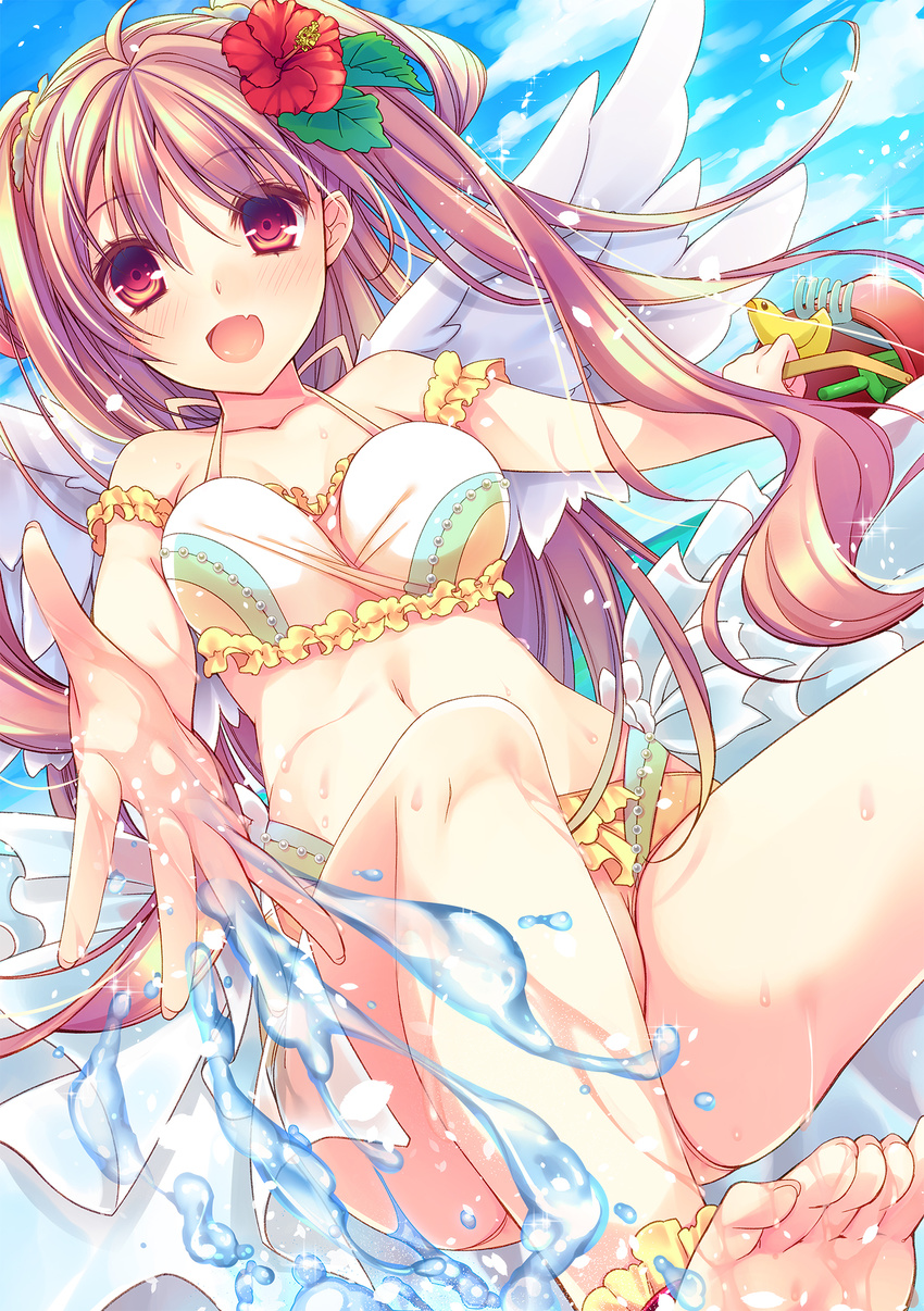 :d barefoot bikini breasts brown_eyes brown_hair bucket cleavage cocoa_(cafe-hotcocoa) commentary_request day female flower hair_flower hair_ornament halterneck hibiscus highres long_hair medium_breasts oerba_yun_fang open_mouth original photoshop_(medium) rake smile solo splashing swimsuit toes twintails very_long_hair white_bikini white_wings wings