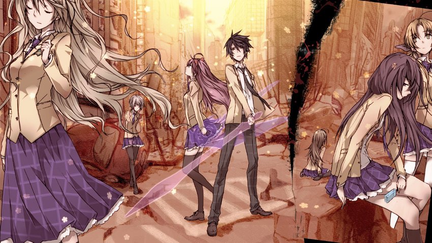 1boy 6+girls ahoge aoi_sena black_legwear blazer blonde_hair blue_hair blue_skirt building car chaos;head closed_eyes commentary_request food hair_ribbon highres holding holding_sword holding_weapon jacket kishimoto_ayase kusunoki_yua kuusou_ryodan long_hair long_sleeves looking_away looking_to_the_side looking_up motor_vehicle multiple_girls necktie nishijou_nanami nishijou_takumi orihara_kozue photoshop_(medium) pink_hair plaid plaid_skirt pleated_skirt popsicle profile ribbon ruins sakihata_rimi school_uniform shirt short_hair silver_hair sitting skirt sword thighhighs wariza weapon white_shirt yellow_eyes zettai_ryouiki