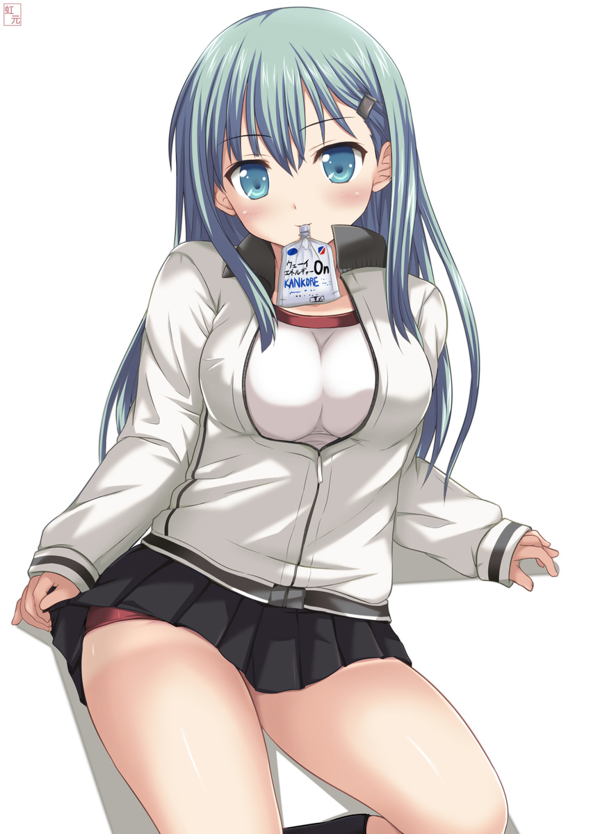 aqua_hair bad_id bad_pixiv_id buruma clothes_lift cosplay drink female gym_shirt gym_uniform hayasui_(kancolle) hayasui_(kancolle)_(cosplay) highres jacket kantai_collection long_hair mouth_hold nijimoto_hirok open_clothes open_jacket shirt skirt skirt_lift smile solo suzuya_(kancolle) tan tanlines track_jacket