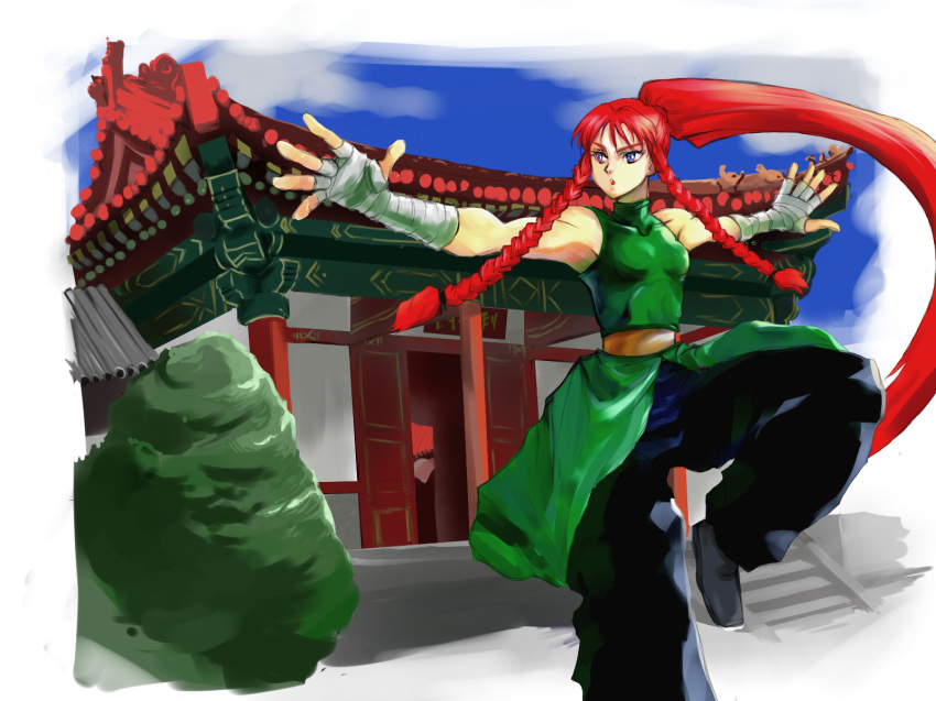 alternate_breast_size alternate_costume alternate_hairstyle architecture baggy_pants bandages bare_shoulders belt blue_eyes braid breasts chinese_clothes commentary_request dress east_asian_architecture female fighting_stance flats green_dress hand_wraps highres hong_meiling kung_fu kuriyama5422 long_hair outstretched_arms pants ponytail red_hair side_braid side_braids sleeveless small_breasts solo spread_arms standing standing_on_one_leg touhou twin_braids very_long_hair