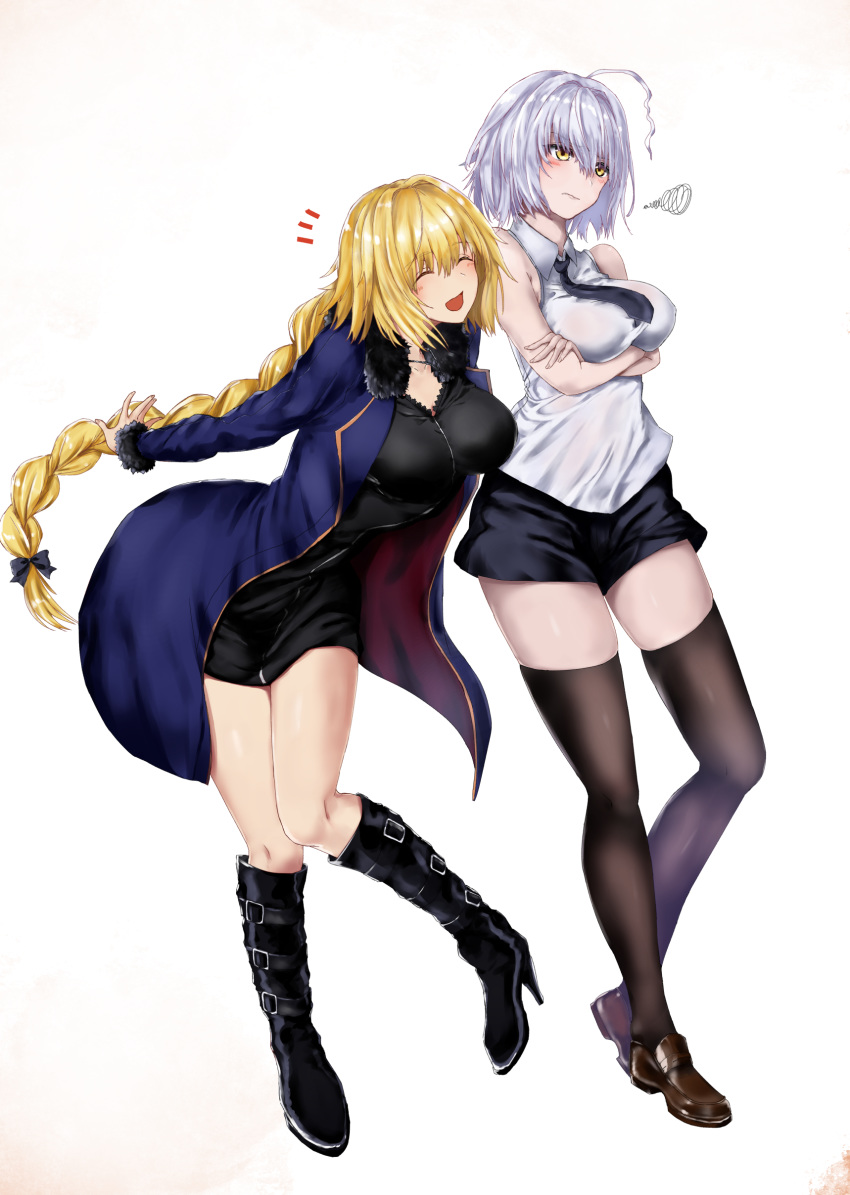 2girls absurdres ahoge bad_id bad_pixiv_id belt_boots black_dress black_footwear blonde_hair blush boots braid breasts commentary_request cosplay costume_switch crossed_arms dress fate/grand_order fate_(series) grey_hair high_heel_boots high_heels highres jeanne_d'arc_(fate) jeanne_d'arc_(girl_from_orleans)_(fate) jeanne_d'arc_(girl_from_orleans)_(fate)_(cosplay) jeanne_d'arc_alter_(fate) jeanne_d'arc_alter_(ver._shinjuku_1999)_(fate) jeanne_d'arc_alter_(ver._shinjuku_1999)_(fate)_(cosplay) knee_boots large_breasts loafers long_hair long_jacket multiple_girls necktie nozoyuki official_alternate_costume pale_skin pout shoes short_dress short_hair shorts single_braid sleeveless squiggle thighhighs thighs white_background yellow_eyes