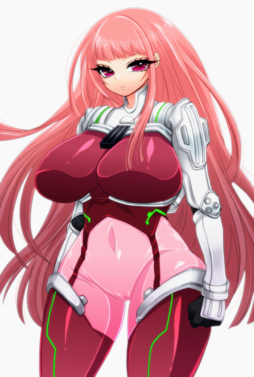 bad_id bad_pixiv_id blunt_bangs bodysuit breasts cameltoe commentary_request covered_navel cowboy_shot female highres ken_marinaris large_breasts long_hair looking_at_viewer pilot_suit pink_bodysuit pink_hair pinkchariot purple_eyes skin_tight solo standing very_long_hair zone_of_the_enders zone_of_the_enders_2