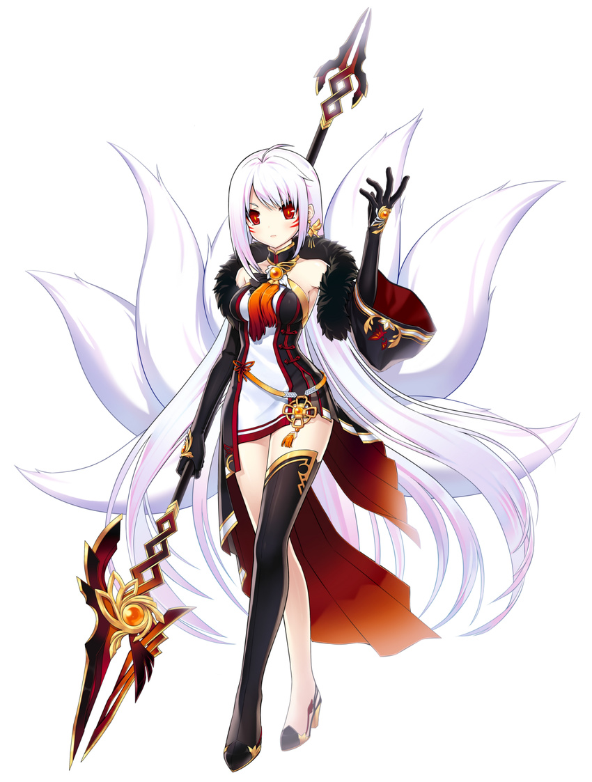 albino ara_haan ara_haan_(celestial_fox) asymmetrical_clothes black_gloves black_thighhighs earrings elbow_gloves elsword expressionless feather_boa female fox_tail full_body gloves highres jewelry long_hair miniskirt multiple_tails official_art polearm polearm_behind_back red_eyes sando_(dukedevil) shoes single_thighhigh skirt solo spear standing tachi-e tail thighhighs very_long_hair weapon white_hair yama_raja_(elsword)