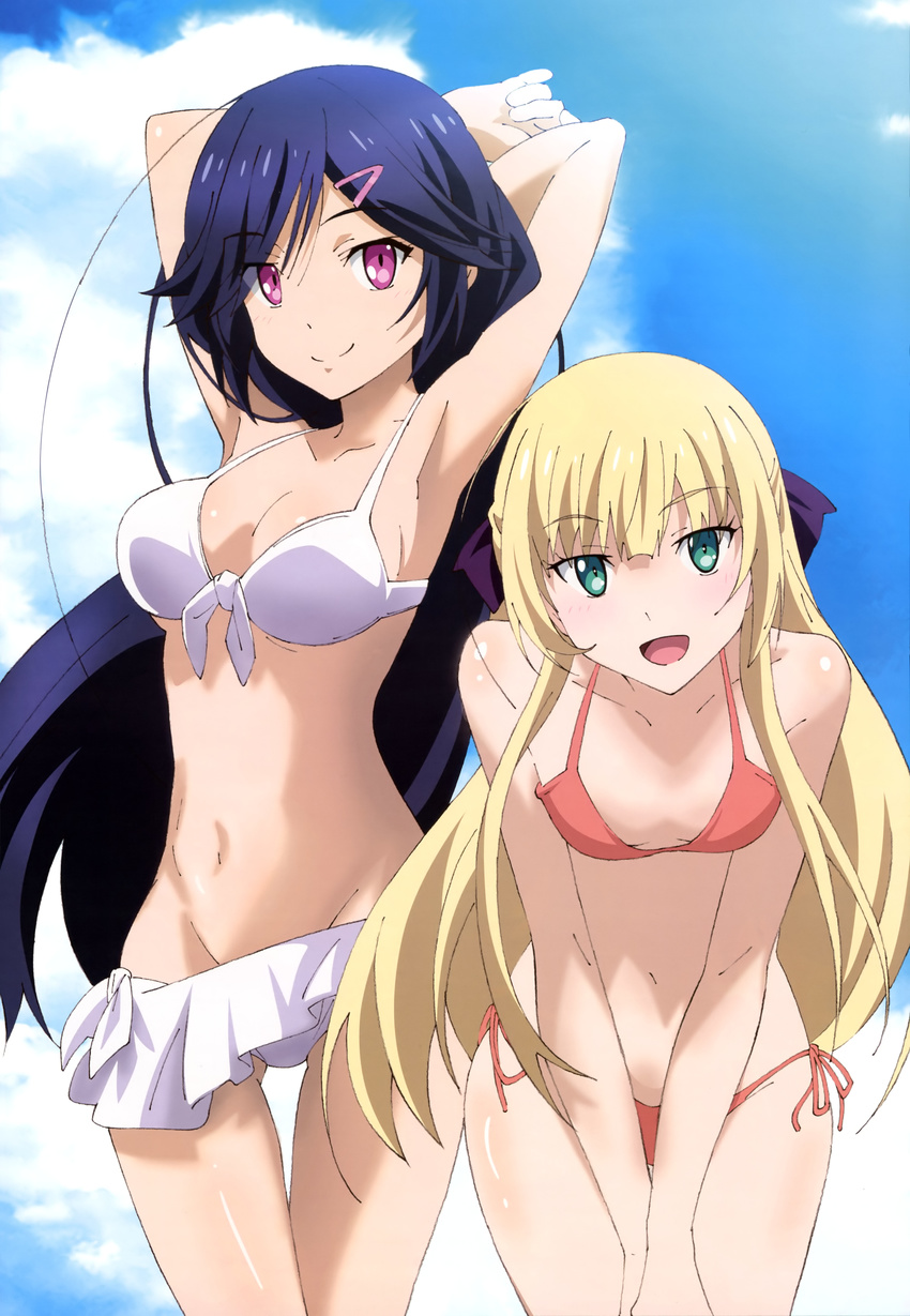 2girls :d absurdres aiba_mui armpits arms_behind_head ass_visible_through_thighs bikini bikini_skirt blonde_hair blue_hair cloud cwind day front-tie_top green_eyes groin hair_ornament hairclip highres isoshima_kurumi leaning_forward long_hair looking_at_viewer mahou_sensou multiple_girls navel non-web_source nyantype official_art open_mouth purple_eyes red_bikini scan side-tie_bikini_bottom sky smile swimsuit thigh_gap v_arms white_bikini