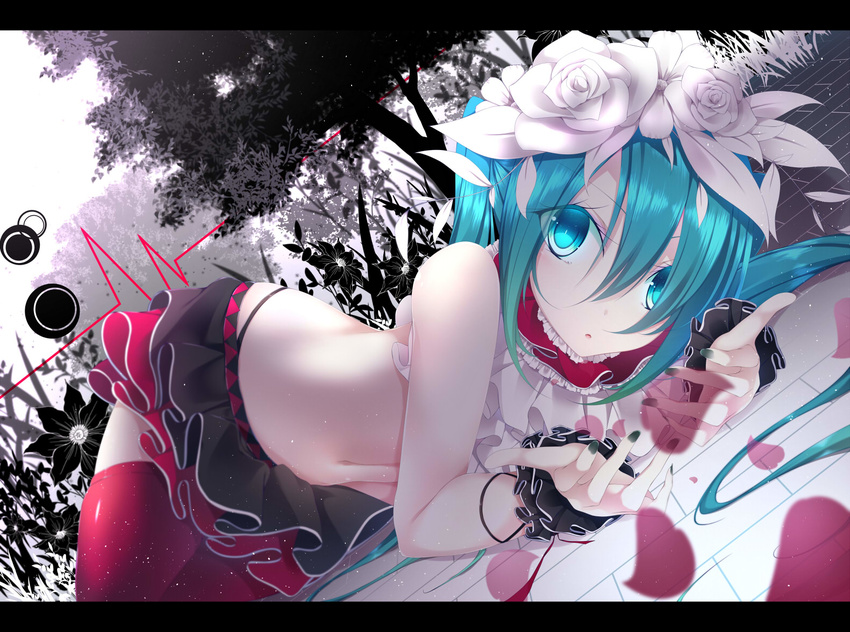 black_skirt bless_you_(module) blue_eyes blue_hair commentary_request female flower hair_flower hair_ornament hatsune_miku letterboxed long_hair looking_at_viewer lying midriff navel nisoku_hokou_(vocaloid) on_side project_diva_(series) red_thighhighs rose skirt solo thighhighs twintails vocaloid white_flower white_rose yoaferia